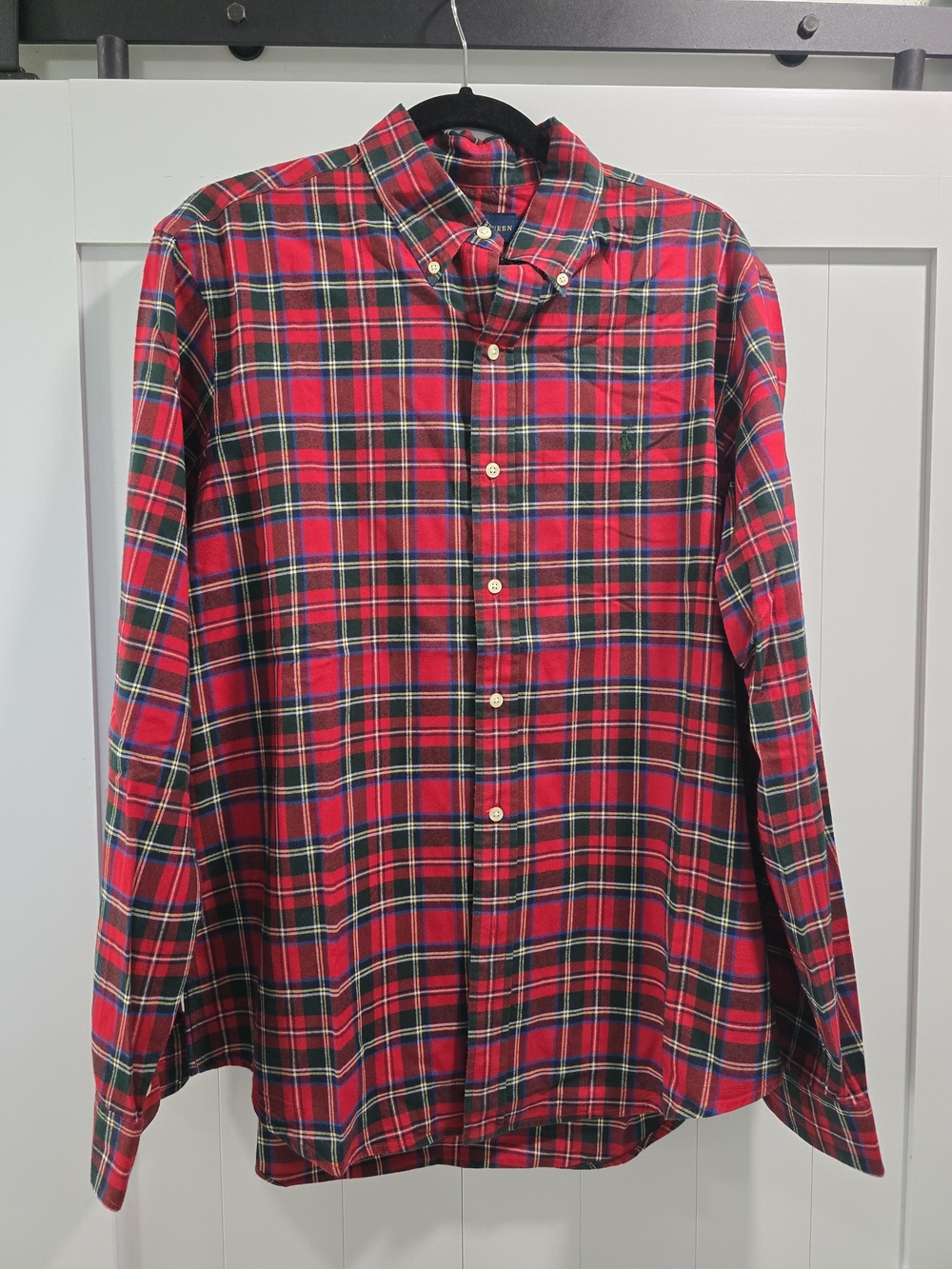 Ralph Lauren Red Plaid Button-Down Shirt with Green and Navy Accents